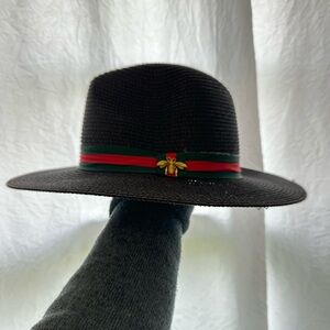 Designer Copy - Black Straw Fedora with Green and Red Bee Band
